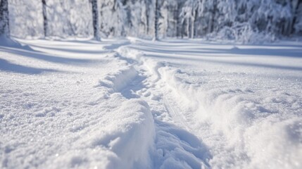 Snowshoe tracks cut across a freshly snow-covered path. The details of the snowshoe straps are clear in the fallen snow.