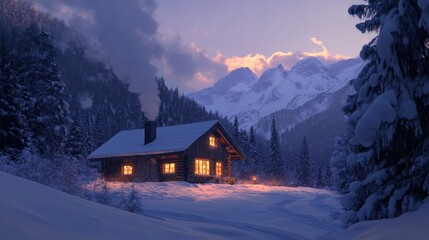 A cozy mountain hut at dusk. The windows illuminate with warm light against the twilight. The ground is covered with fresh snow.