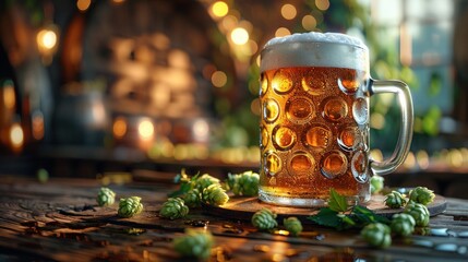 Hoppy Mug: A Refreshing Pint of Beer with Fresh Green Hops, Wheat Ears, and Rustic Wooden Barrel