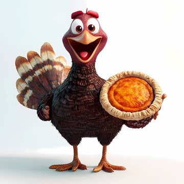 Cheerful Cartoon Turkey with a Pumpkin Pie