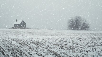 Obraz premium Distant fields and farmhouses during a heavy snowfall. The sky is a uniform gray.
