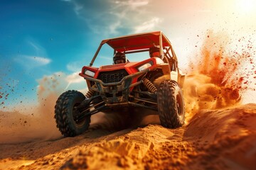 A red dune buggy races across a sandy dune, kicking up a cloud of dust, in the desert under a bright, sunny sky.