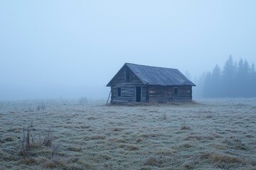 An Old Wooden Cabin in a Foggy Field