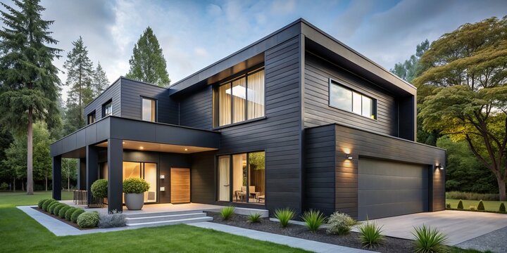 With its striking black siding, crisp lines, and understated aesthetic, this modern home embodies simplicity and