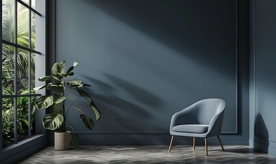 Deep dark livingroom with blue navy empty paint walls