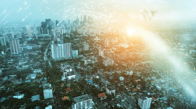 Aerial view of a city under threat of a hurricane with AI predictions overlay on a map with a light color tone - Powered by Adobe