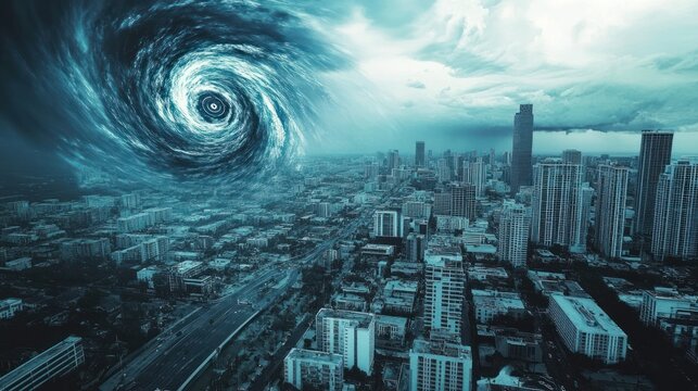 Aerial view of a city under threat of a hurricane with AI predictions overlay on a map with a light color tone