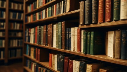 Books on library shelves.
