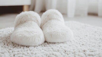 Furry, cushioned pair of slippers resting on a soft rug, perfect for relaxation, [Furry, Pair, Cushioned], [concept: home relaxation footwear]