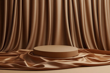 A brown fashion cloth podium with a luxury cosmetic 3D background, beauty presentation mockup template, empty fabric pedestal product display, and blank table platform with abstract art and elegant st