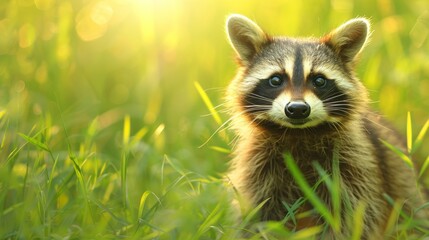 Obraz premium Minimalist background: Cute raccoon illustration with a wild and funny character in nature, perfect for baby animal art.