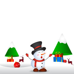 Vector illustration of snowman with gifts and Christmas tree on transparent background