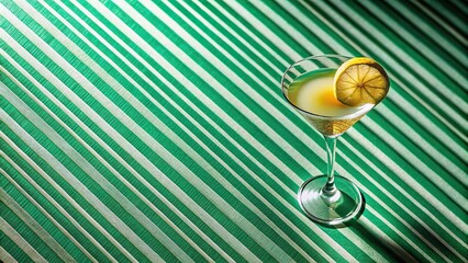 Aerial view of a cocktail on a table with striped green background