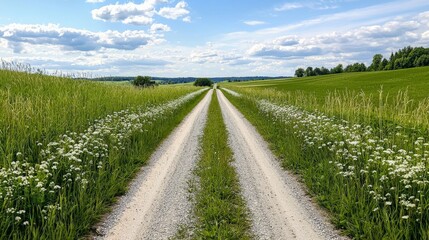 Obraz premium A quiet country road, bordered by tall grass and wildflowers, leading into the distance with no sign of civilization