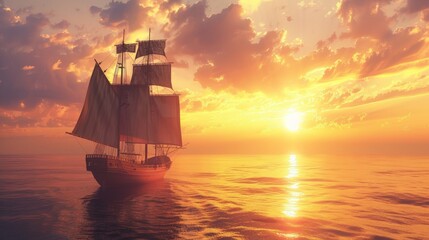 Obraz premium A ship sails on a calm sea towards a golden sunset.