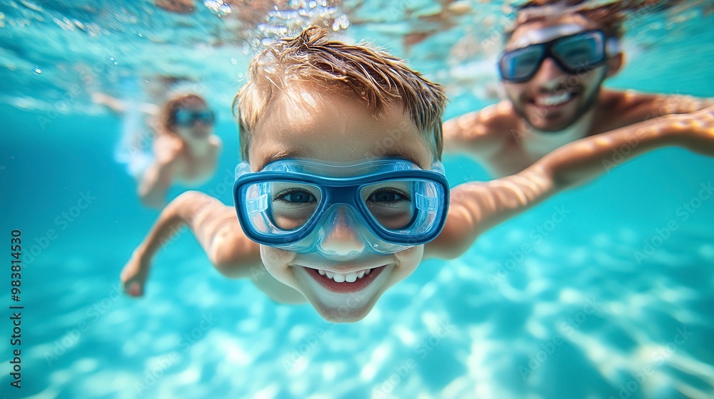 Canvas Prints A little boy and his family swim underwater in a swimming pool during summer vacation