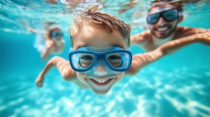Naklejka premium A little boy and his family swim underwater in a swimming pool during summer vacation