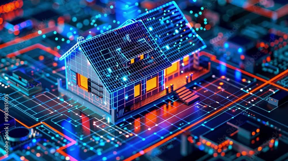 Leinwandbilder A futuristic house model sits on a vibrant circuit board, illuminated by glowing circuits, representing the integration of technology in modern home design and smart living.