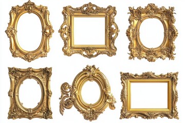 A high-resolution digital image of eight different ornate gold picture frames,