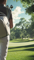 Fototapeta premium Caddie carrying golf clubs over the shoulder, Photorealistic outdoor shot with detailed focus on the clubs and bag, Lush green golf course in the background, Clear sky with a calm, relaxed atmosphere