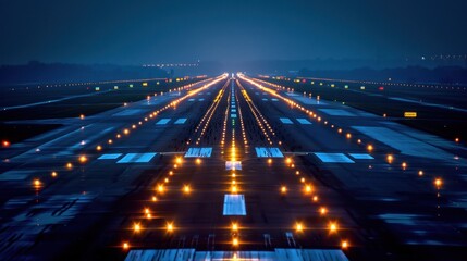 Fototapeta premium Runway: This flat stretch of pavement serves as the designated area for aircraft takeoffs and landings, featuring white markings and runway lights. 