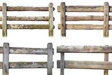 A high-resolution digital image of four different rustic wooden fences,