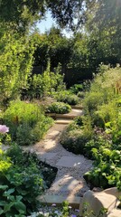 Naklejka premium Winding through a lush sensory garden adorned with fragrant plants and vibrant greenery