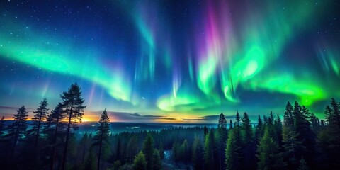 Fototapeta premium aerial view of aurora borealis over forest