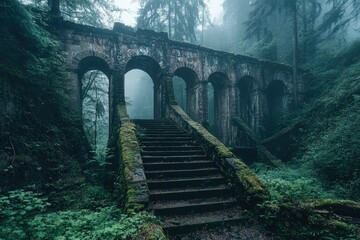 Naklejka premium Moss-Covered Stone Archway and Staircase in a Misty Forest