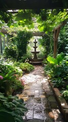 Naklejka premium Visitors wander through a vibrant garden enjoying fragrant plants and a soothing fountain