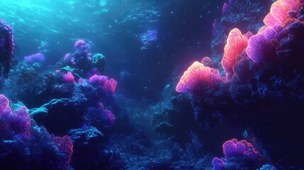 Naklejka premium A 3D abstract coral reef with glowing, translucent structures floating in a digital ocean.
