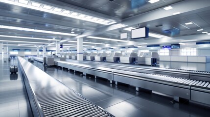 Obraz premium Baggage Claim Area: A functional space for collecting checked luggage post-flight, featuring conveyor belts for easy retrieval and monitors showing flight details. 