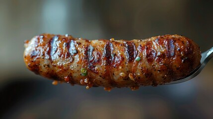 Juicy Grilled Sausage on a Metal Fork for Summertime BBQs