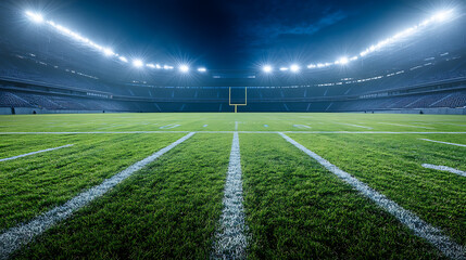 Obraz premium Football field: Grassy football field under bright stadium lights.