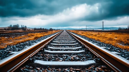 A set of old railway tracks stretching into the distance, disappearing into the horizon under a cloudy sky