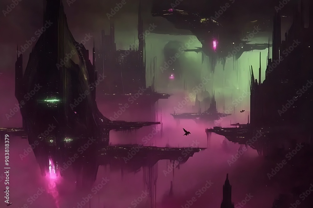 Wall mural Futuristic Cityscape with Floating Islands and Pink Haze.