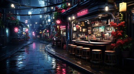 屋外にカウンターがある夜の酒場,Generative AI AI画像