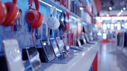 Fototapeta premium Electronic Stores: These innovative outlets highlight the newest gadgets, from smartphones to smart home devices, with interactive displays and expert staff demos. 