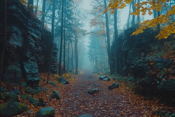 Obraz premium Foggy Forest Path with Fallen Leaves and Rocks