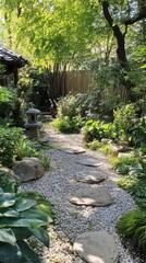 Naklejka premium Wander through a calming garden filled with lush greenery and tranquil pathways
