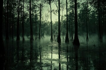 Silhouetted Trees Reflecting in Foggy Swamp Water