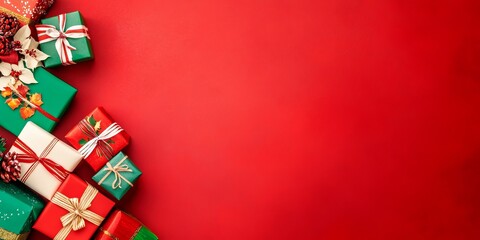 Fototapeta premium Gift boxes with festive ribbons on a red background, perfect for holiday themes and promotional events, ideal for retail, e-commerce, and celebratory content.