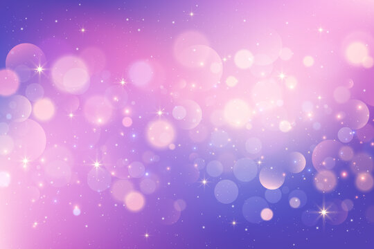 Purple and pink unicorn background with stars and bokeh. Magic cute gradient sky with glitter. Abstract vector space with soft light. Soft ombre gradation wallpaper