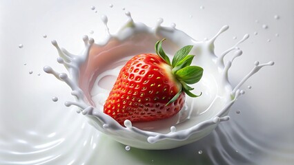 Aerial view of floating strawberries in yogurt and milk splashes isolated on white background