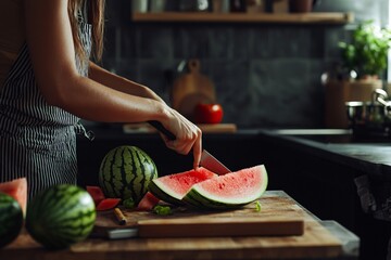 A woman readies to slice a vibrant fruit in a sleek kitchen, embodying culinary finesse and the essence of fresh produce.