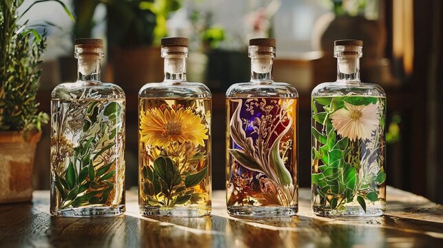 Crafted from a fusion of natural herbs and spirits, these artisanal elixirs feature meticulously designed labels and intricate glasswork, all captured in stunning photography.
