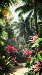 Fototapeta premium Palm trees line a serene path amid vibrant plants in a tranquil tropical scene