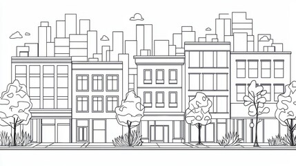 Obraz premium A minimalistic outline of a cityscape featuring buildings, trees, and a clear sky, ideal for urban design projects and illustrations.