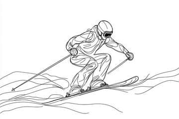 A minimalistic line drawing of a skier navigating down a snowy slope, showcasing dynamic movement and athleticism.