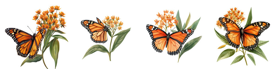 Monarch butterflies gracefully resting on a cluster of vibrant orange flowers in a tranquil garden setting  The delicate insects display their distinctive orange and black wing patterns